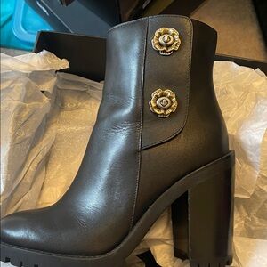 Coach Black Leather Platform Ankle Boots with Decorative Flower hardware